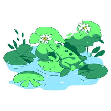 A green frog is blending seamlessly among vibrant green lily pads in a calm pond. The frog is sitting on a large lily pad, its body positioned low to the surface of the water. A few other lily pads surround it, each with delicate white flowers blooming on top. The pond water has a smooth surface, reflecting the light and creating gentle ripples around the lily pads. The environment is tranquil, with hints of sunlight filtering through the leaves overhead.