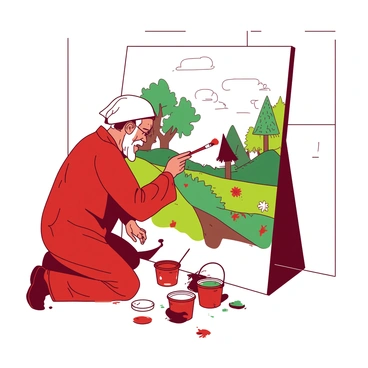 A red beggar with a worn-out hat is carefully painting a large mural on the white wall of a homeless shelter. The mural depicts vibrant scenes of nature, featuring trees, flowers, and birds in motion. The beggar is kneeling on the ground, with paint splatters on his clothes and a focused expression on his face. Nearby, there are several pots of different colored paints arranged neatly on the ground, each container adding to the colorful palette of the mural. A small brush is held in his right hand as he applies the final touches to the mural.