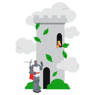 A brave knight in shining armor stands heroically at the base of a tall, stone tower. The knight holds a gleaming sword in one hand, raised high. The tower is adorned with ivy creeping up its sides and features narrow, arched windows. Above, dramatic clouds swirl in shades of gray and white, creating a dynamic sky. The captured princess, wearing a flowing dress, looks out from one of the tower's windows, her hair cascading down in waves. She gazes longingly at the knight, who is poised for action.