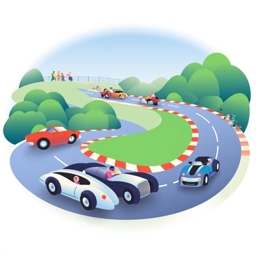 A winding racetrack with sharp turns and elevation changes is surrounded by lush greenery. Classic cars, such as a bright red 1960s muscle car and a glossy black vintage coupe, are racing closely together, their engines roaring as they navigate the curves. In contrast, sleek futuristic vehicles, like a silver aerodynamic hovercar and a blue electric sports car, zip past with advanced designs and glowing accents. The sky above is clear and blue, and a few spectators are lined up along the track, cheering enthusiastically. The scene captures the intensity of the race, showcasing the thrilling clash between classic and modern automotive engineering.