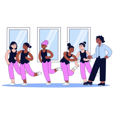 A group of ballet dancers practicing their steps in a spacious studio. The dancers are dressed in black leotards and pink tights, with their hair neatly tied up in buns. They are positioned in various poses, showcasing their dedication to the craft. The instructor stands nearby, observing the dancers with a focused expression, wearing a light blue shirt and black leggings. Large mirrors cover one wall, reflecting the movements of the dancers. Soft sunlight filters through the windows, illuminating the studio floor.