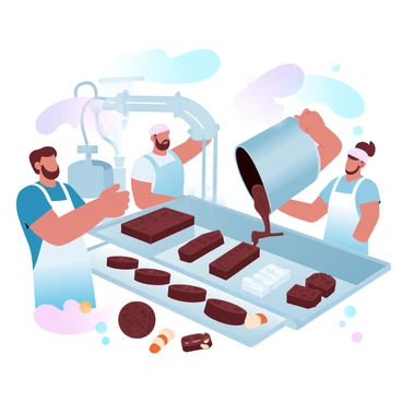 Inside a chocolate factory, several workers are pouring molten chocolate from large metal containers into molds. The scene features a variety of chocolate products being created, with some molds shaped like bars and others resembling assorted treats. The workers are wearing aprons and hairnets for safety. The factory has large stainless steel machinery and pipes that transport the chocolate. A rich, glossy stream of molten chocolate flows from the containers, and there are scattered ingredients like nuts and caramel nearby, ready to be added to the chocolate creations.