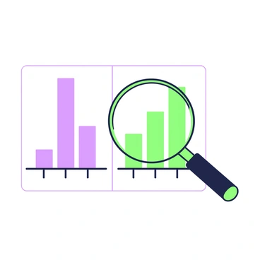 A magnifying glass is placed over a gap between two bar charts. The first bar chart on the left has three tall bars representing data points, while the second chart on the right has two shorter bars. The gap between the two sets of bars is noticeable and emphasized by the lens of the magnifying glass, which distorts the view slightly. The background is minimal, allowing the focus to remain on the charts and the magnifying glass, which has a simple handle.