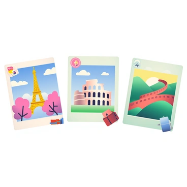 A series of colorful travel postcards featuring illustrations of popular tourist destinations.
