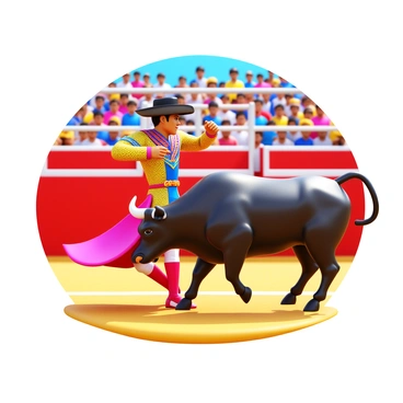 A matador wearing a traditional colorful traje de luces strikes a dynamic pose while skillfully dodging a charging bull. The bull, with a shiny black coat and powerful muscles, rushes towards the matador with fierce determination. The bullfighting arena is filled with vibrant colors, showcasing the sunlit environment and the stands filled with spectators. The sand of the arena is kicked up as the bull charges, creating a sense of movement and excitement. The matador's cape flows elegantly behind him as he performs his maneuver, adding to the dramatic scene.
