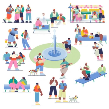 A lively city square is bustling with people of diverse backgrounds. Groups of individuals are standing in clusters, animatedly engaging in conversations. Some people are sitting on benches, enjoying their drinks while others are walking by with shopping bags in hand. There are street performers entertaining the crowd, with one man playing a guitar and a woman dancing nearby. Children are playing near a fountain that features a statue in the center, and a few dogs are seen being walked on leashes. Colorful banners and market stalls can be seen lining the square, adding vibrancy to the scene.