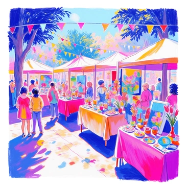 An art fair setting features a variety of local artists displaying their colorful paintings and crafts. Each artist has a booth filled with vibrant artwork, including abstract canvases, landscapes, and mixed media pieces. Some tables showcase handmade crafts, such as pottery and jewelry, each piece vividly adorned. The scene includes visitors admiring the creations, with some engaging in conversation with the artists. Colorful banners hang overhead, adding to the festive atmosphere of the event. Sunlight filters through trees, casting dappled light across the vibrant displays.