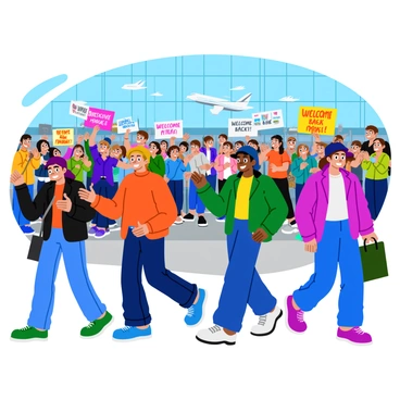 BTS members are walking through an airport terminal, smiling and waving at a large crowd of enthusiastic fans. Each member is dressed in stylish, casual outfits, showcasing their unique fashion sense. Fans are gathered around them, holding colorful signs that express their support and love, with slogans like "We Love You!" and "Welcome Back!" written in bold letters. The atmosphere is filled with excitement as some fans are taking photos, while others are cheering and clapping. The airport interior is bright and bustling, with large windows showing glimpses of airplanes outside.