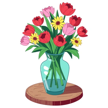 A teal elegant glass vase is filled with an assortment of colorful seasonal flowers, including vibrant red tulips and yellow daisies, creating a lively display. The vase is placed on a rustic wooden table that showcases its grain and texture. Sunlight filters through the flowers, illuminating their petals and casting soft shadows on the table surface. The arrangement appears full and lush, capturing the essence of spring with a harmonious blend of colors.