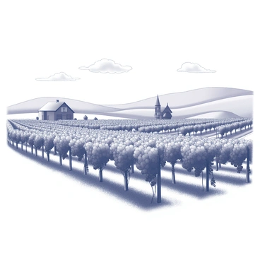 A picturesque vineyard landscape with rows of grapevines extending into the distance. The vines are lush and well-maintained, with clusters of grapes hanging from the plants. In the background, rolling hills create a gentle undulating effect, while a single farmhouse with a rustic design is visible among the vines. The sky above is clear, providing a bright and open atmosphere. A few scattered clouds can be seen, adding subtle visual interest to the scene.