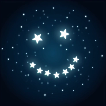A night sky filled with countless stars, creating a luminous backdrop. In the center of the sky, stars are arranged in the shape of a "smiley face." The eyes of the smiley face are represented by two bright stars, and a curved line of stars forms the smiling mouth. The surrounding stars twinkle softly, adding a magical ambiance to the scene, while the deep blue of the night sky contrasts beautifully with the white glow of the stars.