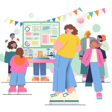 A teenager with curly brown hair is standing confidently next to a display board showcasing a science project at a bustling school fair. They are wearing a bright yellow t-shirt and blue jeans. The display board is adorned with colorful graphs, images, and text outlines explaining their project. In front of the board, there is a small model demonstrating a scientific concept, surrounded by various tools and materials used for the project. A group of curious classmates and parents are gathered around, engaging with the teen and asking questions. Colorful balloons and banners are visible in the background, adding to the lively atmosphere of the fair.
