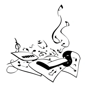 Sheets of music scattered across a surface, with visible musical notes rising and swirling into the air. The notes appear to be flowing gracefully, creating a sense of movement. In the background, there are faint outlines of musical instruments like a violin and a piano, hinting at the source of the music. The overall composition conveys an energetic and dynamic atmosphere.