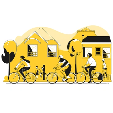 A scene depicting several people riding bicycles along a street in Grenoble during the early morning. The cyclists are dressed in casual clothing and helmets. The street is lined with charming old buildings with balconies and window plants. A few trees are visible, and the early sun casts shadows on the pavement. Some cyclists are riding next to each other, while others are slightly ahead or behind. The atmosphere conveys a sense of daily life as residents make their way to work or school.
