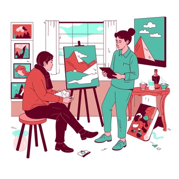 A red journalist is sitting on a wooden stool, holding a notepad and a pen, engaged in conversation with a teal local artist. The artist is standing next to a canvas, showcasing a vibrant painting. Surrounding them, there are various artworks displayed on the walls, including paintings and sculptures. Soft light filters through a window, illuminating the cozy studio filled with an array of colors and textures. A small table nearby holds art supplies and a steaming cup of tea. The atmosphere feels intimate and focused.