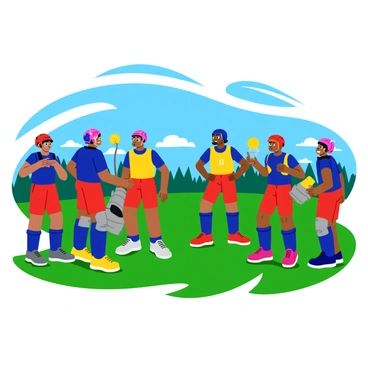 A group of players wearing brightly colored flag belts in shades of red, blue, and yellow. Each player is also putting on various pieces of safety gear, including helmets with colorful designs, knee pads, and padded vests. The players are gathered on a grassy field, with some adjusting their gear while others are chatting excitedly. In the background, a bright blue sky is visible, dotted with fluffy white clouds. The scene conveys a sense of anticipation and readiness for the flag football game.