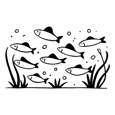 A small school of walleyes swimming together in a synchronized pattern, with their streamlined bodies gliding gracefully through the water. The scene captures the dynamic movement of the fish, with their fins extended and tails flicking as they navigate in unison. The background consists of flowing water currents and aquatic plants swaying gently, enhancing the sense of motion and harmony among the walleyes.