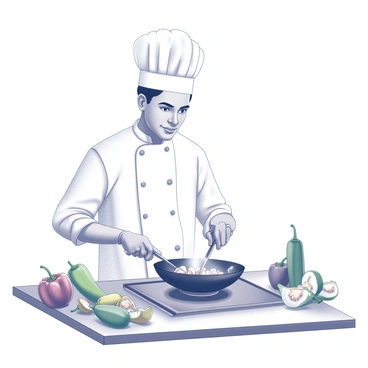 A chef is standing at a kitchen counter, actively sautéing shiitake mushrooms in a frying pan. The pan sits on a stovetop, and the chef is using a spatula to stir the ingredients. Surrounding the pan are various colorful vegetables, including bell peppers and zucchini, chopped and ready to be cooked. The chef is wearing a white uniform and a chef's hat, with a focused expression while cooking. Steam is rising from the pan, indicating the heat of the cooking process.