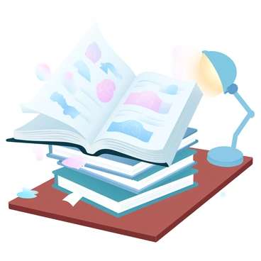 A stack of books is arranged neatly on a wooden table. The top book is open, displaying its pages filled with vibrant cartoon stories on one side and beautifully illustrated tales on the other. Each page on the cartoon side features playful characters with bold outlines in a variety of colors, while the illustrated side showcases detailed scenes full of rich textures and soft gradient pastel colors. A few small paper bookmarks peek out from the books, and a cozy reading lamp provides warm light, enhancing the inviting atmosphere of the setting.