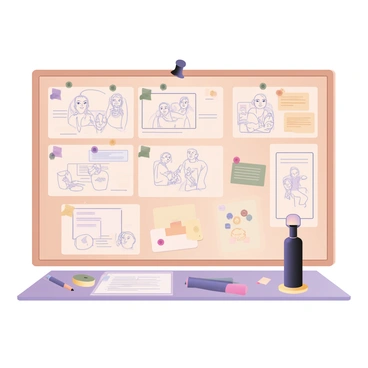 A digital flat illustration of a storyboard pinned on a wooden board. The storyboard features multiple panels showcasing diverse scenes of an advertisement campaign. Each panel contains sketch-like drawings depicting different characters interacting with a product. There are handwritten notes in various colors outlining key messages and ideas in the margins of each panel. Colorful push pins and sticky notes are scattered throughout the storyboard, adding visual interest. In the background, there are blurred outlines of office supplies such as markers and pencils on a desk surface.