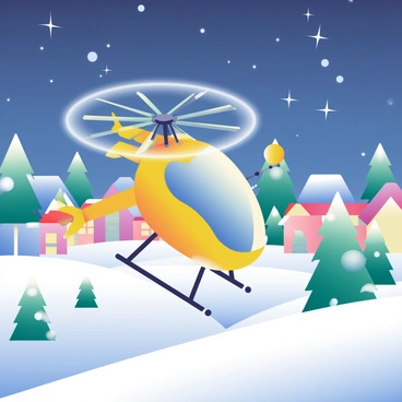 A flying taxi gliding over a snow-covered landscape with twinkling lights