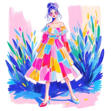 A portrait features a model standing confidently, showcasing clothing made from recycled materials. The outfit consists of a dress constructed from colorful plastic bags, with flowing layers and unique textures. The model's hair is styled in a sleek updo, and she has bold, eco-friendly makeup highlighting her features. In the background, there are hints of greenery, emphasizing the sustainable theme. The overall composition captures the blend of fashion and environmental awareness.