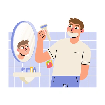 A man with short brown hair is standing in front of a small, round bathroom mirror. He is holding a silver razor in his right hand, carefully shaving his dark stubble. The man has a focused expression on his face as he looks at his reflection. The bathroom features light blue tiles and a white sink with a small tube of shaving cream next to it. A soft, warm light illuminates the scene, enhancing the details of the man's face and the shaving process.