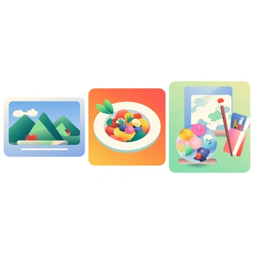 A vibrant collage features various images representing different video content genres. On the left, there is an image of a scenic travel destination with clear blue skies and lush green mountains. In the center, a colorful dish is displayed, showcasing a beautifully arranged plate of food, garnished with fresh herbs. To the right, an artistic composition illustrates a palette with vibrant paint colors alongside paintbrushes and a canvas partially covered in abstract designs. Each genre is distinctly represented, creating an engaging and dynamic visual experience.