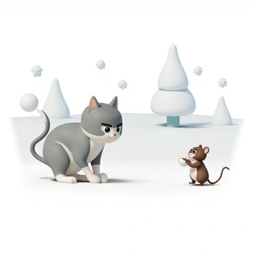 Tom, a gray and white cat, is crouched low in the snow, preparing to throw a snowball. He has a determined expression on his face, with his ears perked up and his tail twitching. Jerry, a small brown mouse, stands a few feet away, grinning mischievously while holding a snowball in his tiny hands. The snowy field around them is blanketed in fresh, white snow, with a few snow-covered trees in the background. Fluffy snowflakes are gently falling from the sky, adding to the wintery atmosphere.
