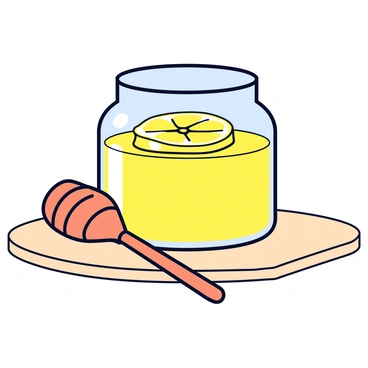 A jar of honey with a smooth, golden hue. The jar is glass, featuring a classic round shape and a metal lid. Inside the jar, the honey glistens under the light. Resting on top of the honey is a slice of fresh citron, its bright yellow color contrasting with the honey. Next to the jar, there is a wooden honey dipper with a curved design, resting on a light-colored wooden surface.