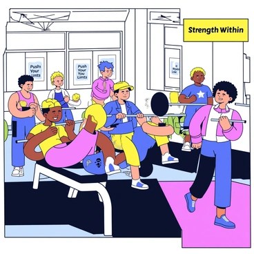A brightly colored gym filled with various exercise equipment. The walls are adorned with motivational posters featuring phrases like "Push Your Limits" and "Strength Within." In the center of the gym, several people are engaged in chest press exercises on modern weightlifting machines. The flooring is a sleek black rubber, and large windows let in natural light, illuminating the space. Each person has distinct athletic wear in vibrant colors, showcasing their focus and determination as they work out.