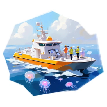 A research vessel navigating through the ocean, designed specifically for studying jellyfish. The ship features a sleek, modern design with a white hull and bright yellow accents. On the deck, there are various scientific instruments and tools, including nets for capturing jellyfish, large tanks filled with seawater for transport, and monitors displaying data about the marine environment. Several researchers, wearing safety vests and hats, are actively engaged in their work, carefully examining samples and collecting data. In the background, the vast, deep blue ocean stretches out under a clear sky, with hints of jellyfish visible beneath the water's surface.