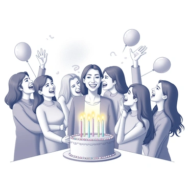 A woman with a joyful expression is blowing out the candles on a birthday cake. The cake is placed on a table in front of her, decorated with colorful icing and bright candles. Surrounding her are several friends, all smiling and cheering, some with their hands raised in excitement. The setting is filled with a festive atmosphere, featuring balloons and streamers adorning the background. The moment captures the celebration of the birthday with a focus on the warm interaction among the group.