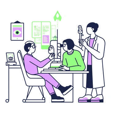 A patient is sitting in an optician's office, focused on an eye examination. The patient is a middle-aged individual wearing glasses, sitting upright in a padded chair. In front of them, there is an eye examination machine with a large lens and various dials. To the side, an optician stands, holding a handheld device to check the patient's eyesight. Bright lights are focused on the patient's eye, creating reflections. On the walls, there are posters about eye health and vision care. A small table nearby holds pamphlets and a few reading glasses.