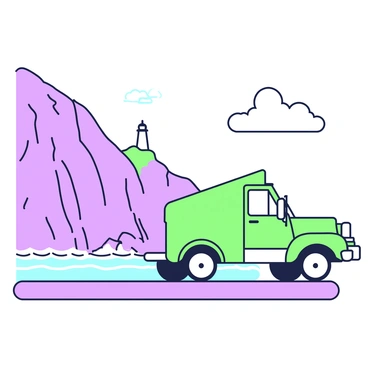 A green-and-purple outline illustration of a truck cruising along a seaside road. The truck is depicted in profile, moving smoothly along the winding road. The cliffs rise steeply on one side, with jagged edges and sparse vegetation. On the other side, the ocean is visible, with gentle waves lapping against the shore. The sky is clear, with a few fluffy clouds scattered. In the distance, a small lighthouse stands on a rocky outcrop, completing the scenic view.