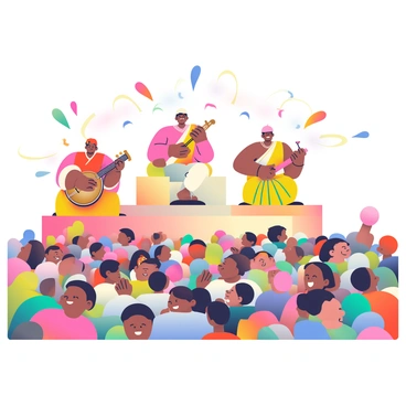 A stage is set with several musicians playing traditional instruments, such as a sitar, tabla, and flute. The musicians are dressed in vibrant, traditional attire, with one wearing a red kurta and another in a bright yellow dhoti. In front of the stage, a large, colorful audience is celebrating Holi, throwing vibrant powders of pink, blue, and green into the air. The crowd is filled with people of various ages, smiling and dancing joyfully. Some audience members have colors smeared on their faces, and the atmosphere is filled with excitement and energy. Balloons and streamers in a variety of colors add to the festive scene.