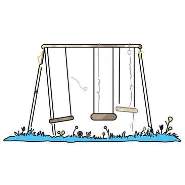 An empty playground features rusted swings hanging from weathered metal frames. The swings sway gently in the breeze, their chains showing signs of corrosion. Surrounding the swings, the grass is overgrown, with wildflowers peeking through the dense patches. The ground is uneven and scattered with small twigs and leaves. In the background, there are faded outlines of a once vibrant slide, now dull and worn. The scene conveys a sense of abandonment with no children present.