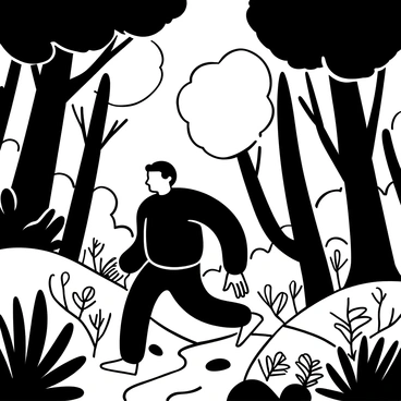 "Frankenstein's creature" is walking through a "lush forest" filled with tall trees and dense foliage. The creature is depicted with a robust figure and rough, textured skin. Sunlight filters through the canopy above, casting intricate shadows on the forest floor. Surrounding the creature are various plants and ferns, and a small stream can be seen in the background, with rocks lining its banks. The scene conveys a sense of tranquility and harmony with nature.