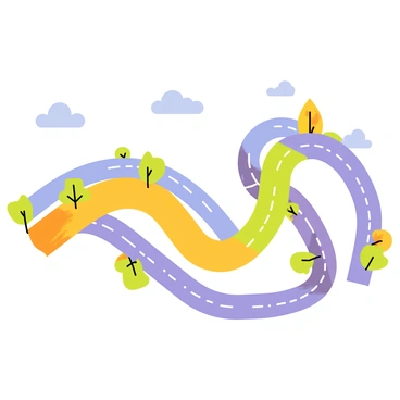 A zigzagging path with bright, colorful segments that twist and loop around themselves in an intricate pattern. The path has a glossy surface that reflects light, enhancing its vibrant colors. Each section of the path is bordered with playful, cartoon-style trees and shrubs, adding a whimsical touch to the scene. The background features a clear blue sky with fluffy white clouds, creating a cheerful atmosphere.