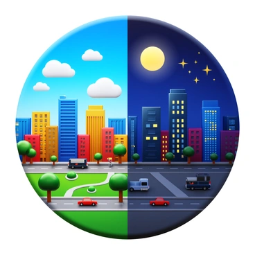 A cityscape divided in half, with one side bathed in bright daylight and the other enveloped in deep twilight. The daytime portion features clear blue skies, fluffy white clouds, and vibrant buildings reflecting sunlight. Trees and people are visible in the parks, with cars moving along the streets. The nighttime portion displays a starry sky with a glowing full moon, casting soft light on the buildings. Neon signs illuminate the streets below, and the windows of skyscrapers twinkle with lights. The transition between day and night is seamless, creating a dynamic and striking contrast within a single frame.