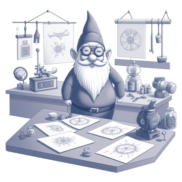 A gnome with a long, white beard is standing in a cluttered workshop. He is wearing a pointed hat and goggles perched on his forehead. Surrounding him are various quirky gadgets, including a whimsical mechanical bird and an intricate clockwork device with moving gears. Several blueprints are spread out on a wooden workbench, showing sketches of fantastical inventions. Tools hang from the walls, and there are jars filled with odd components such as springs and small gears. The atmosphere is lively, filled with the sense of creativity and invention.