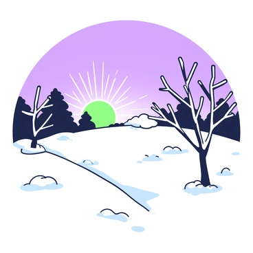 A winter sunrise is occurring over a snowy field. In the background, the sky is transitioning from dark blue to light blue as the sun begins to rise. The sun, partially visible at the horizon, casts rays that illuminate the snow, creating a shimmering effect. The snowy field is covered in a thick layer of pristine snow, dotted with small snowdrifts and patches reflecting the sunlight. Some leafless trees are silhouetted against the brightening sky, their branches lightly dusted with snow.