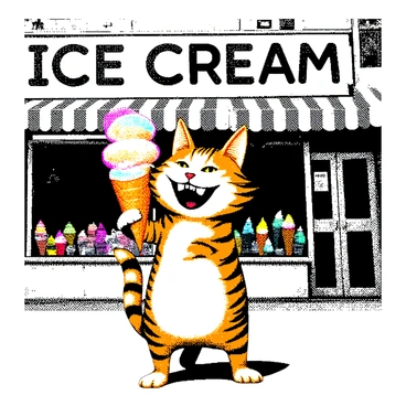 A cartoon cat with orange stripes is standing in front of an ice cream parlor. The cat has a wide grin and is holding a giant ice cream cone with three large scoops on top. The parlor has a large sign that reads "Ice Cream" in bold letters, and there are colorful ice cream flavors displayed in the window. The scene captures the excitement of summer, with the cat appearing delighted by the treat.