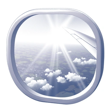 An airplane window frames a view of the Earth from above. Below, clouds are scattered across the landscape, casting shadows on a patchwork of green fields and urban areas. The curvature of the planet is visible, with endless horizons stretching in the distance. Sunlight glimmers on the surface of large bodies of water, creating a dynamic play of light. The airplane wing extends out into the frame, indicating the height and perspective of the scene.