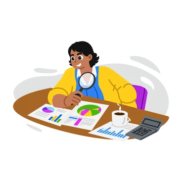 A person with short black hair is carefully assessing risk using a magnifying glass. They are leaning over a spread of colorful financial documents on a wooden desk. The documents feature various graphs, charts, and numbers in vibrant colors. The magnifying glass is held up to a specific section of the documents, highlighting detailed figures. A small calculator sits next to the papers, and a cup of coffee is steaming nearby, adding warmth to the scene.