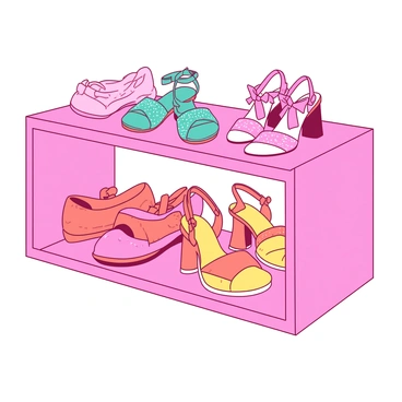 A pink shelf is filled with a variety of colorful, girly shoes arranged neatly. There are bright yellow sandals with sparkling details, teal high-heeled shoes adorned with ribbons, and orange sneakers featuring fun patterns. The shelf has a white background that contrasts with the vibrant shoes, creating a lively display. Each pair of shoes is positioned with its unique style facing forward, allowing their designs to stand out prominently.