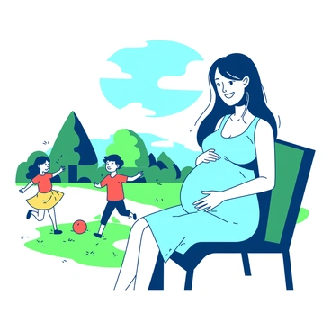 A white pregnant mom is sitting comfortably on a green park bench. She is wearing a light blue dress that accentuates her baby bump. The mom has a gentle smile on her face as she watches children playing in the grassy area nearby. There are two children, one is a boy with a red shirt and the other is a girl in a yellow dress, running after a bright orange ball. In the background, a few trees provide shade, and a clear blue sky is visible above. The scene is filled with warmth and life, capturing a moment of joy and anticipation.