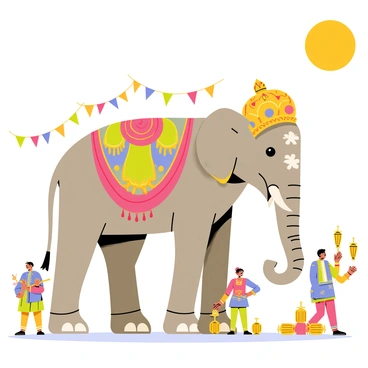 An elaborately decorated elephant stands proudly, adorned with a vibrant array of colorful textiles and intricate jewelry. The elephant's head is embellished with a large, ornate headdress featuring golden motifs and bright gemstones. Around its body, draped fabric in rich reds, blues, and greens flows elegantly, complementing the festive atmosphere. Surrounding the elephant, cheerful festival goers wear traditional clothing, with some carrying lanterns and others playing musical instruments. Colorful banners and garlands are hung around the scene, adding to the celebratory mood. The sun is shining brightly, casting warm light on the festivities.