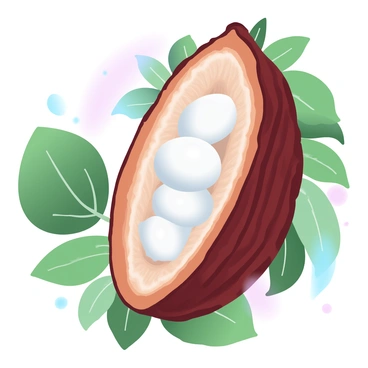 A cross-section of a cacao pod is displayed prominently in the center of the image. The shell of the cacao pod is textured with ridges and a rich brown color. Inside, bright white cocoa beans are nestled among a fibrous pulp, their glossy surfaces reflecting light. The surrounding area features lush, green leaves that offer a natural contrast to the cacao pod. The background is softly blurred, highlighting the intricate details of the pod and beans.
