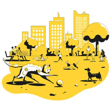 A futuristic pet with sleek, shiny metallic features is playing in a vibrant city park. Its body has a streamlined design with glowing accents and robotic limbs. The pet is chasing a bright yellow ball across the green grass. Around the pet, there are groups of people enjoying the park, some sitting on benches and others walking their dogs. In the background, tall buildings rise against the sky, and trees provide shade. The sun casts shadows on the ground as the pet happily engages in play.